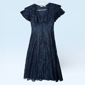 Vintage Joni Blair Lace Midi Dress Womens Size 9/10 Corset Back Navy Blue 90s